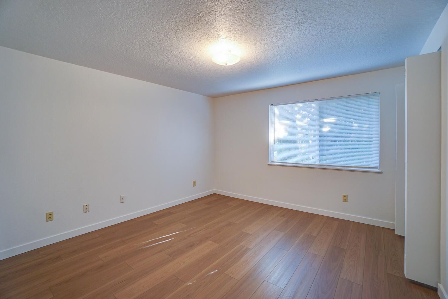 Empty room with wood floors, white walls, a window with blinds, and a light fixture.