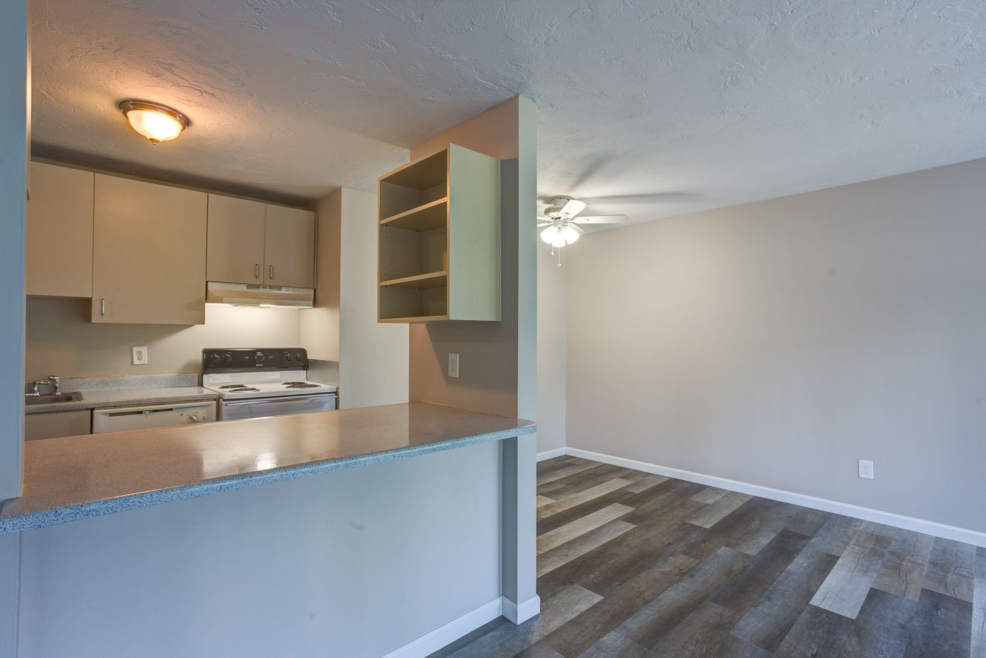 A kitchen with a stove , sink , dishwasher and a ceiling fan.