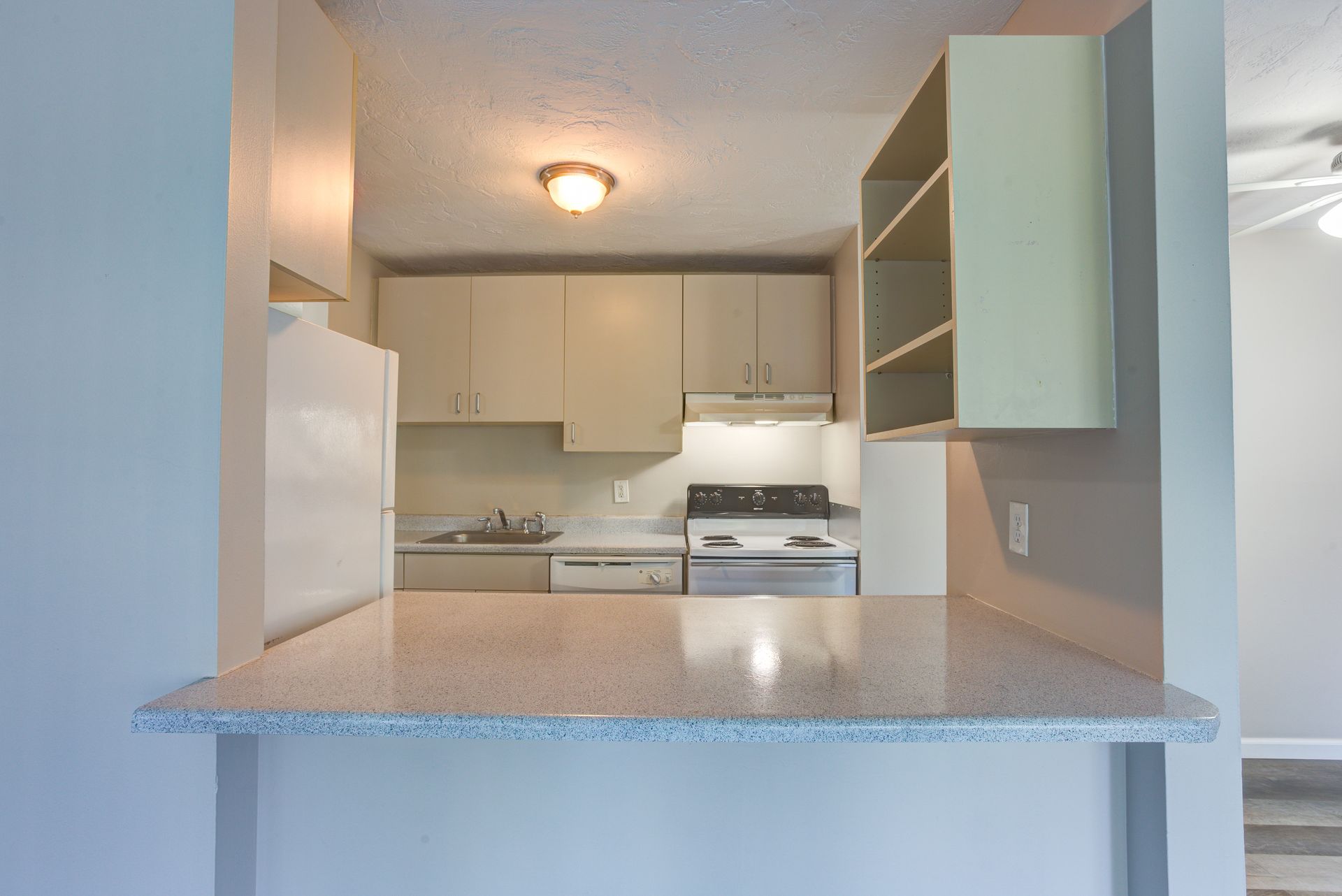 A kitchen with a stove , sink , and refrigerator
