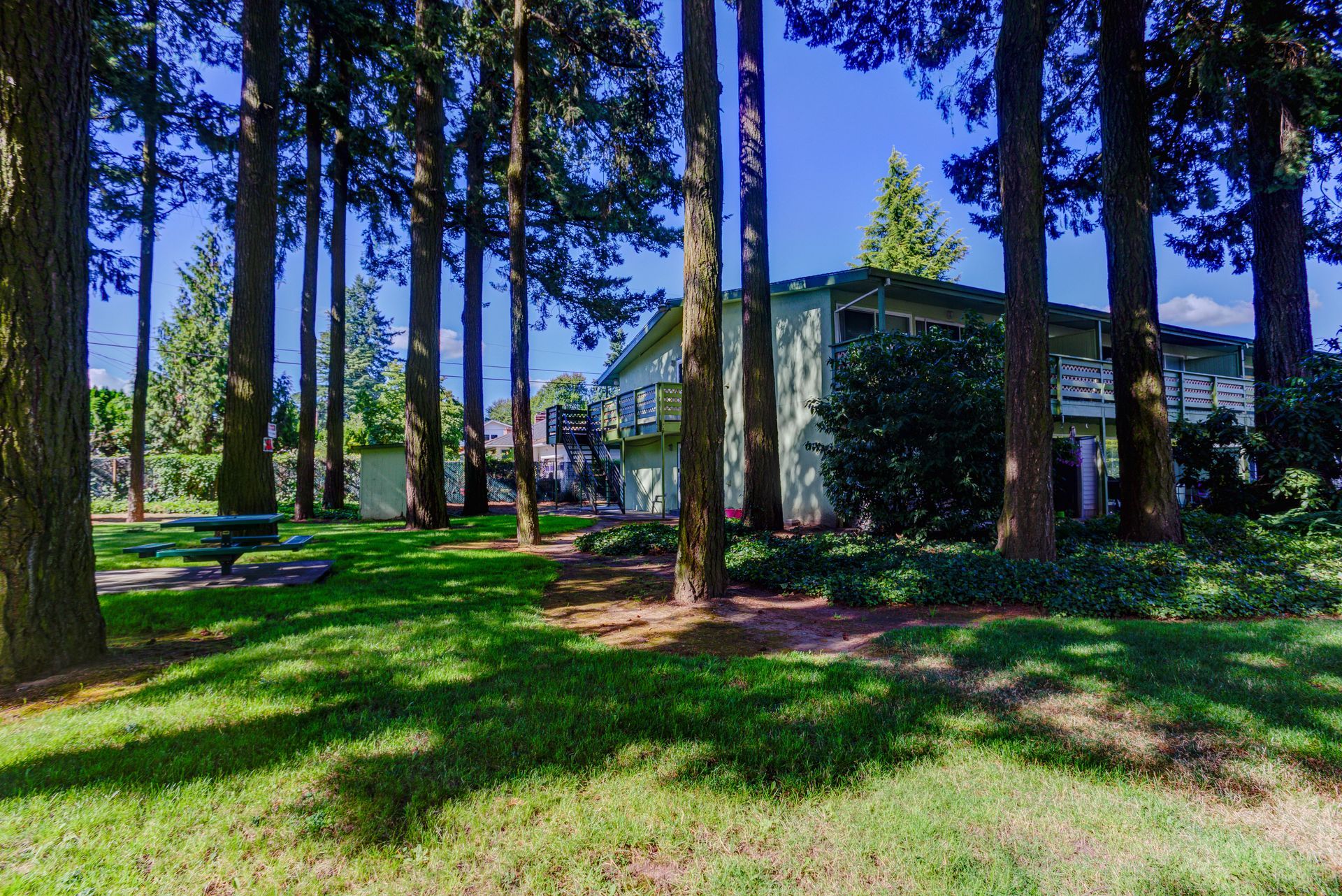 A house is surrounded by trees and a picnic table in a park.