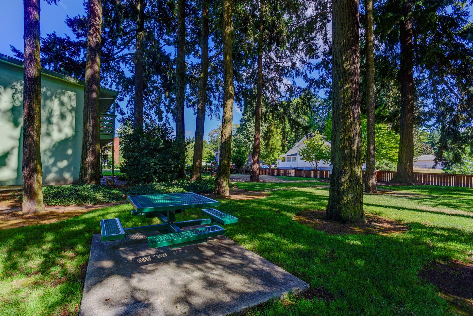 A green picnic table is sitting in the middle of a park surrounded by trees.
