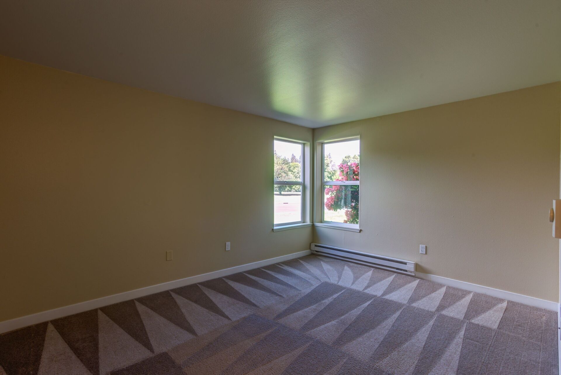 An empty living room with a rug and two windows.