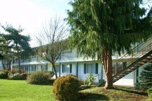A house with stairs leading up to the second floor and a tree in front of it.