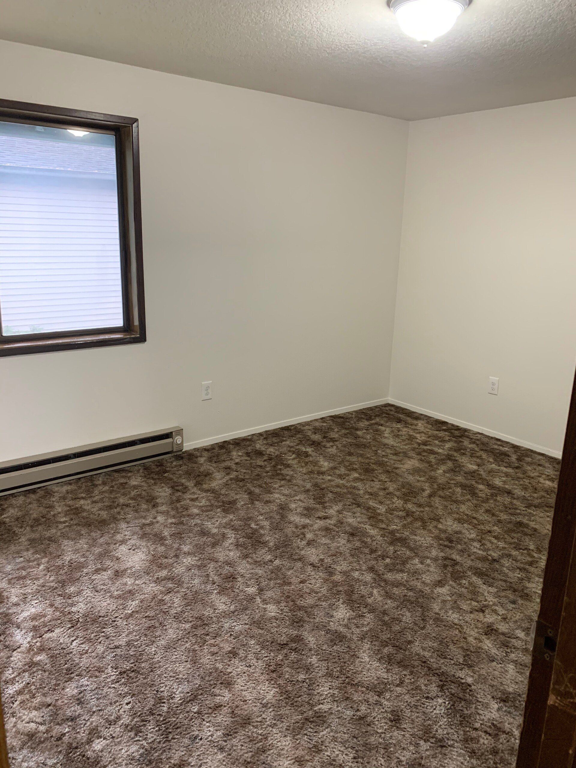 An empty bedroom with a brown carpet and a window.