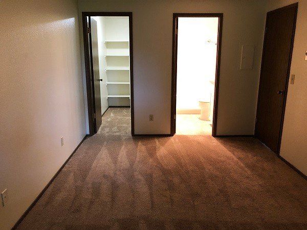 An empty room with a carpeted floor and two doors leading to a closet and a bathroom.
