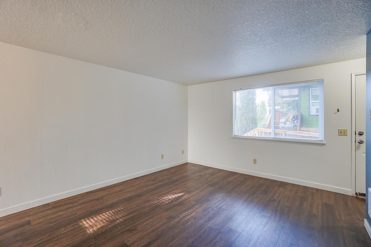 Empty room with dark wood floor, white walls, window, and door.