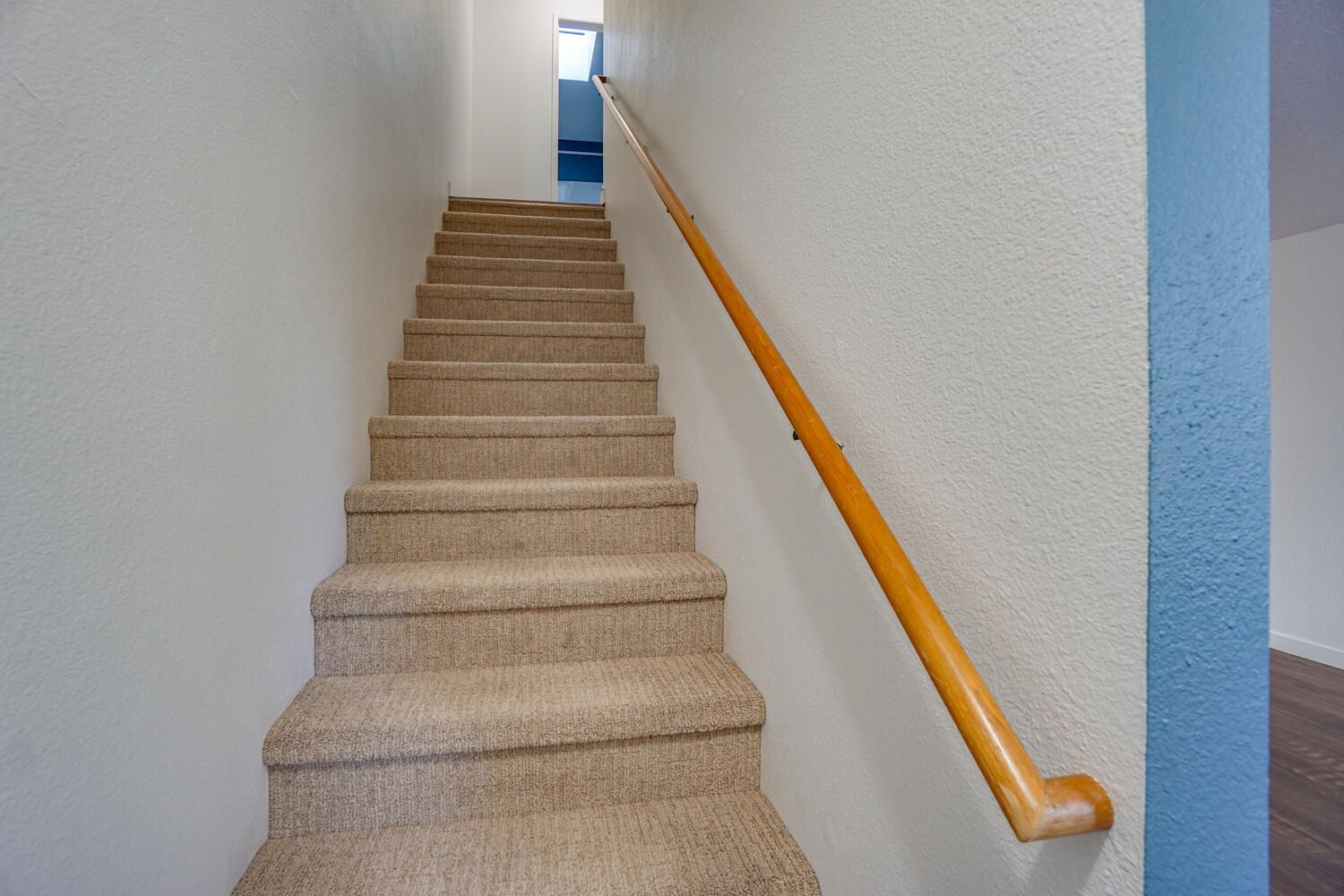 Staircase with beige carpet, wooden handrail, and textured white walls leading upward.