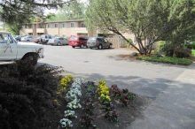 A white truck is parked in a parking lot in front of a building.