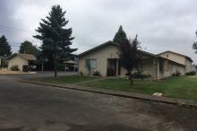A couple of houses with trees in front of them on a cloudy day.