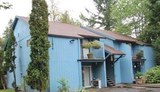 A blue house with a brown roof is surrounded by trees