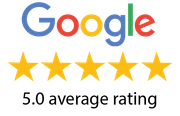 Google logo above five gold stars with text “5.0 average rating”