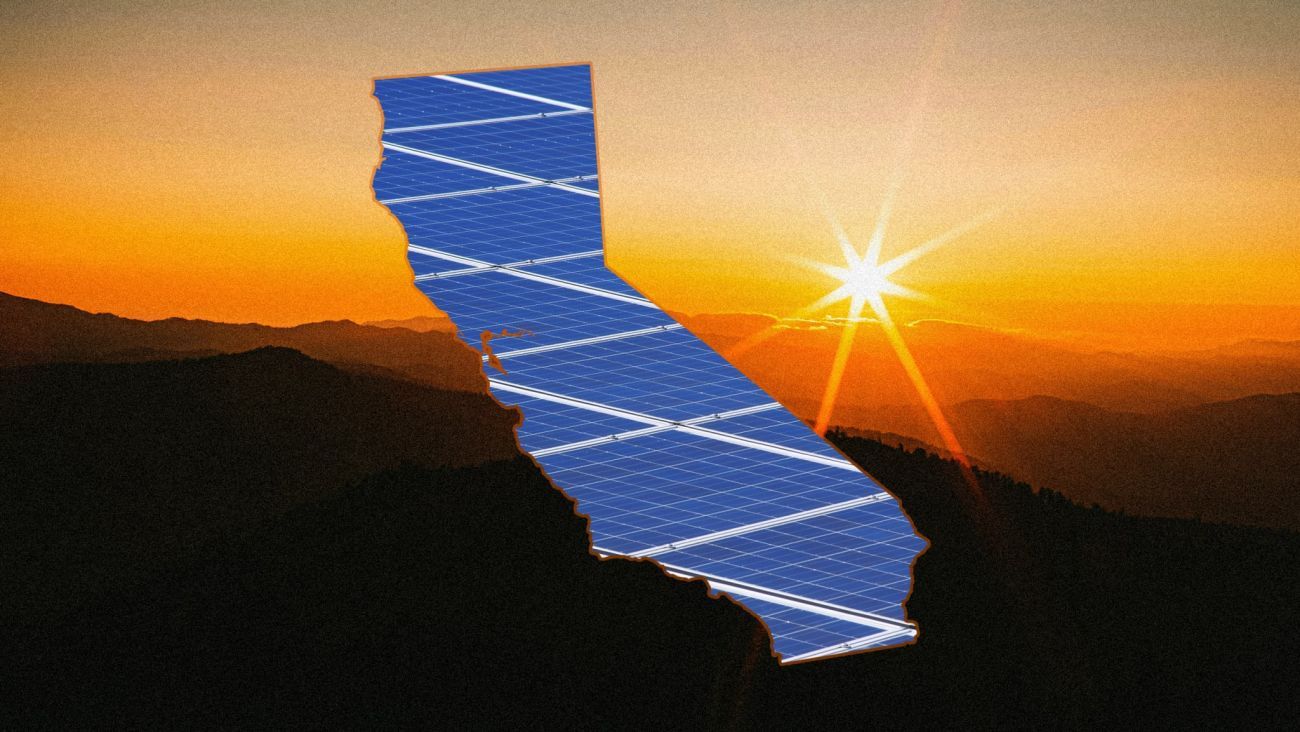 California-shaped solar panel silhouette at sunset with sunburst over mountains