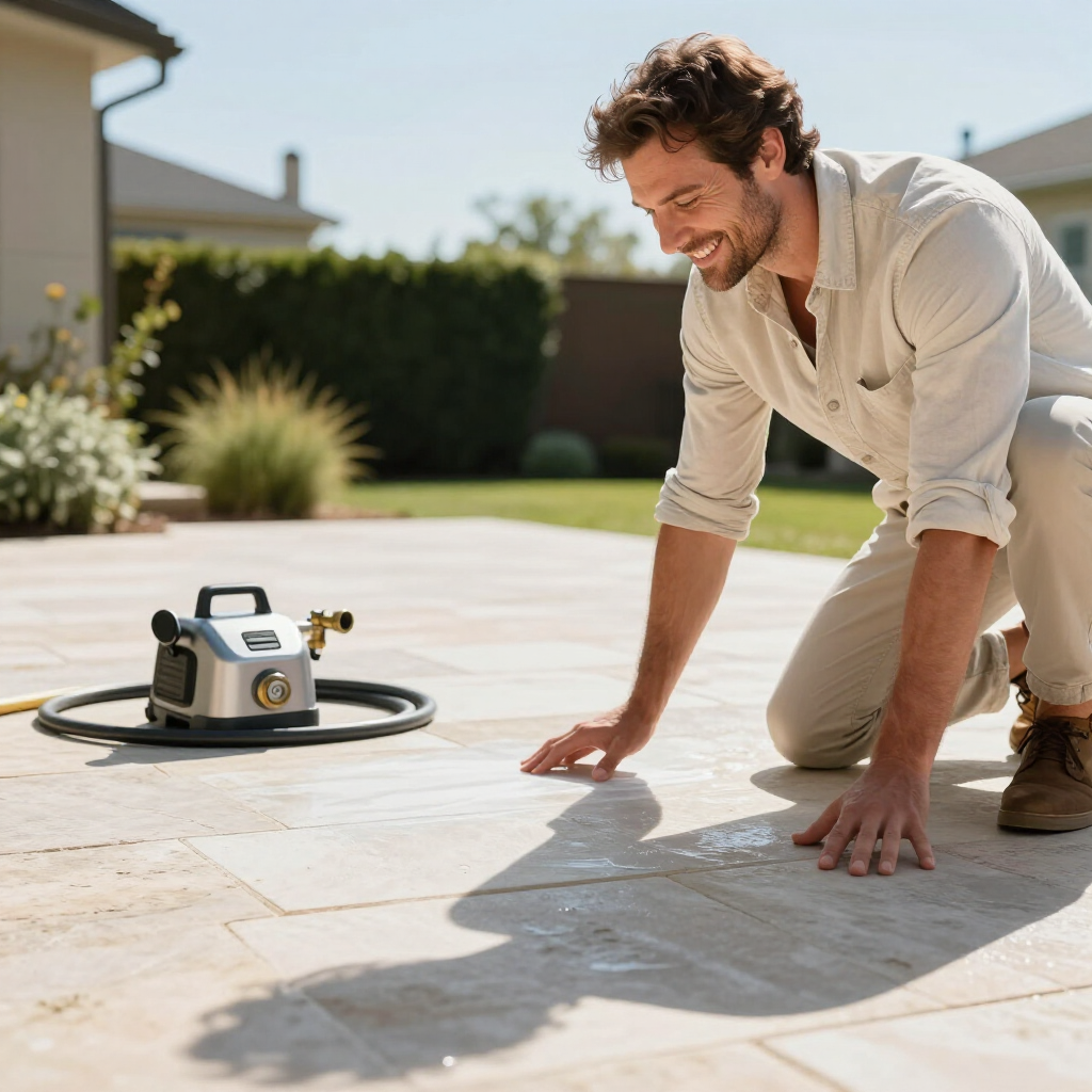 A person kneeling on a stone patio, smiling while checking a portable pressure washer sitting on the ground nearby.