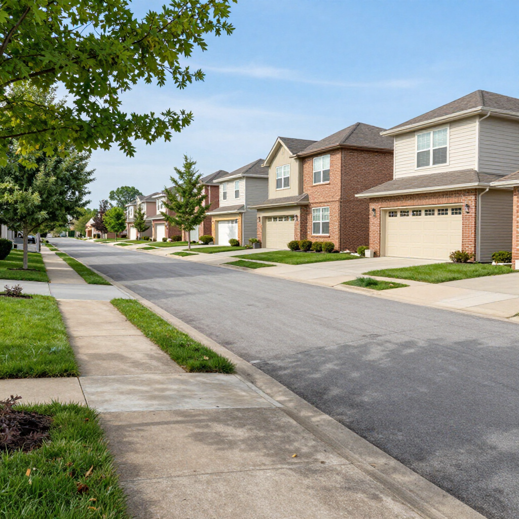 A quiet suburban street lined with multi-story brick homes, green lawns, and sidewalks under a clear blue sky.