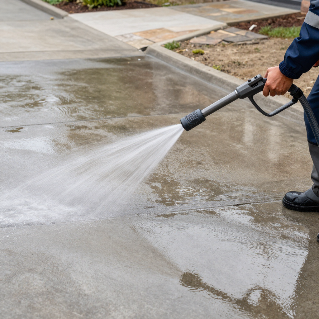 Person cleaning a wet floor with a machine; a living room with furniture is in the background.