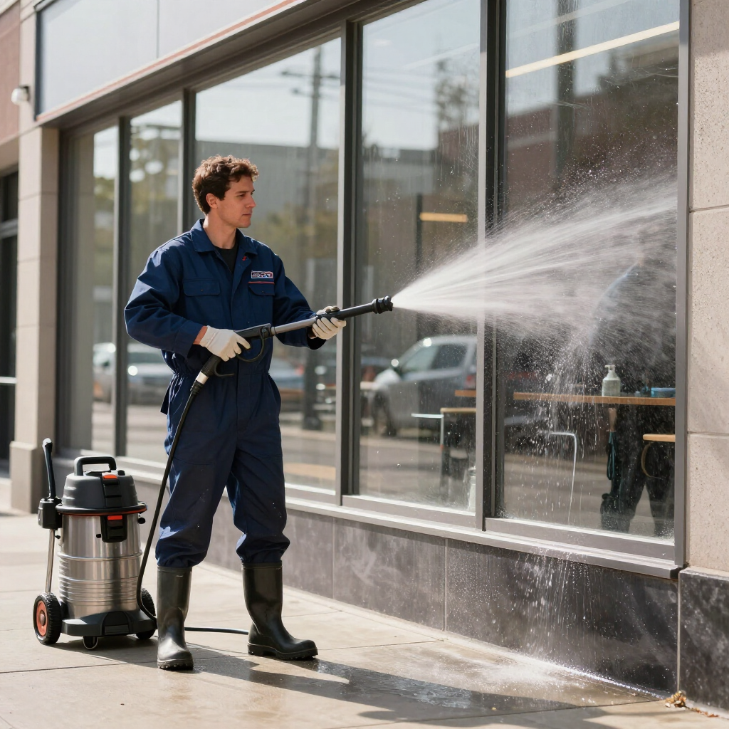 A person in a blue uniform and rubber boots uses a power washer to clean a large glass storefront window.