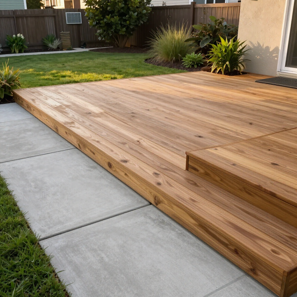 A wooden deck with a single step transitions to a concrete patio in a backyard with a grassy lawn and landscaping.