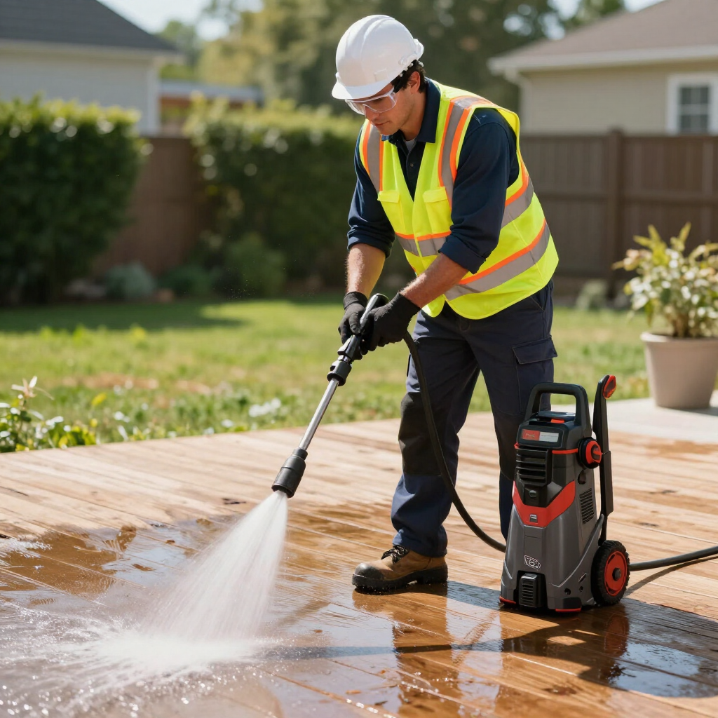 A person in a hard hat and safety vest uses a pressure washer to clean a wooden deck outdoors.