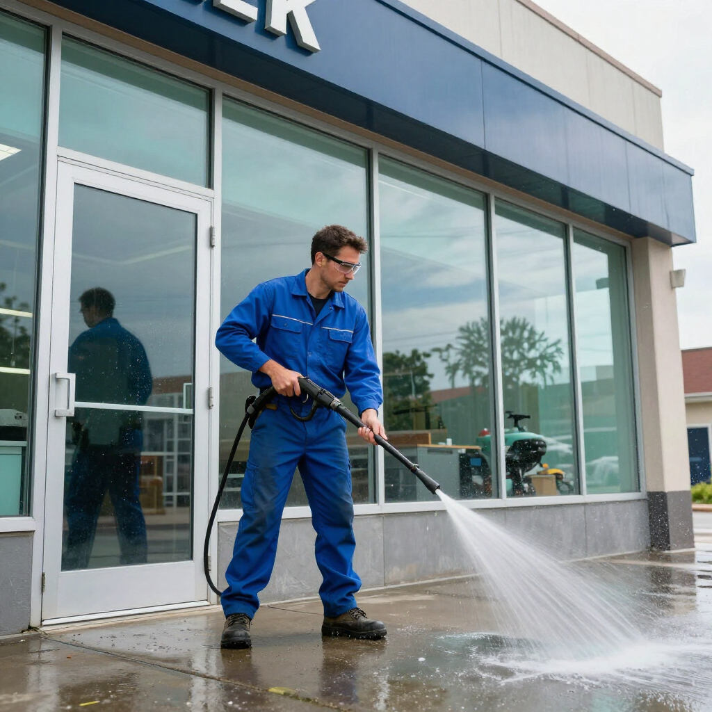 A worker in a blue uniform power washes a concrete sidewalk outside a building with glass doors and windows.