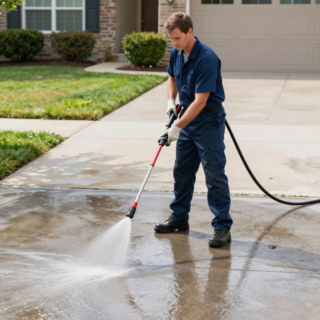 A person wearing a blue uniform uses a pressure washer to clean a concrete driveway in front of a house.