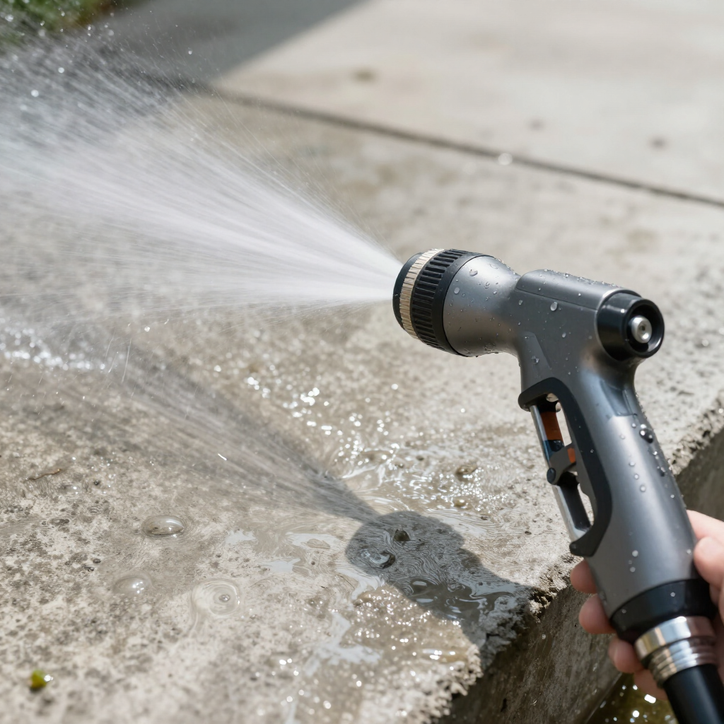 A hand holds a gray metal hose nozzle spraying water onto a concrete surface.