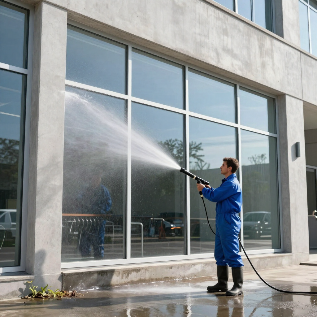 A person in a blue jumpsuit cleans large office building windows with a high-pressure water sprayer.