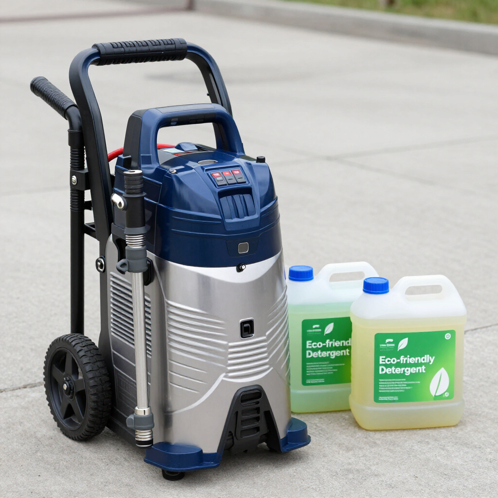 A portable pressure washer with a metallic body and blue trim stands on concrete next to two jugs of eco-friendly detergent.