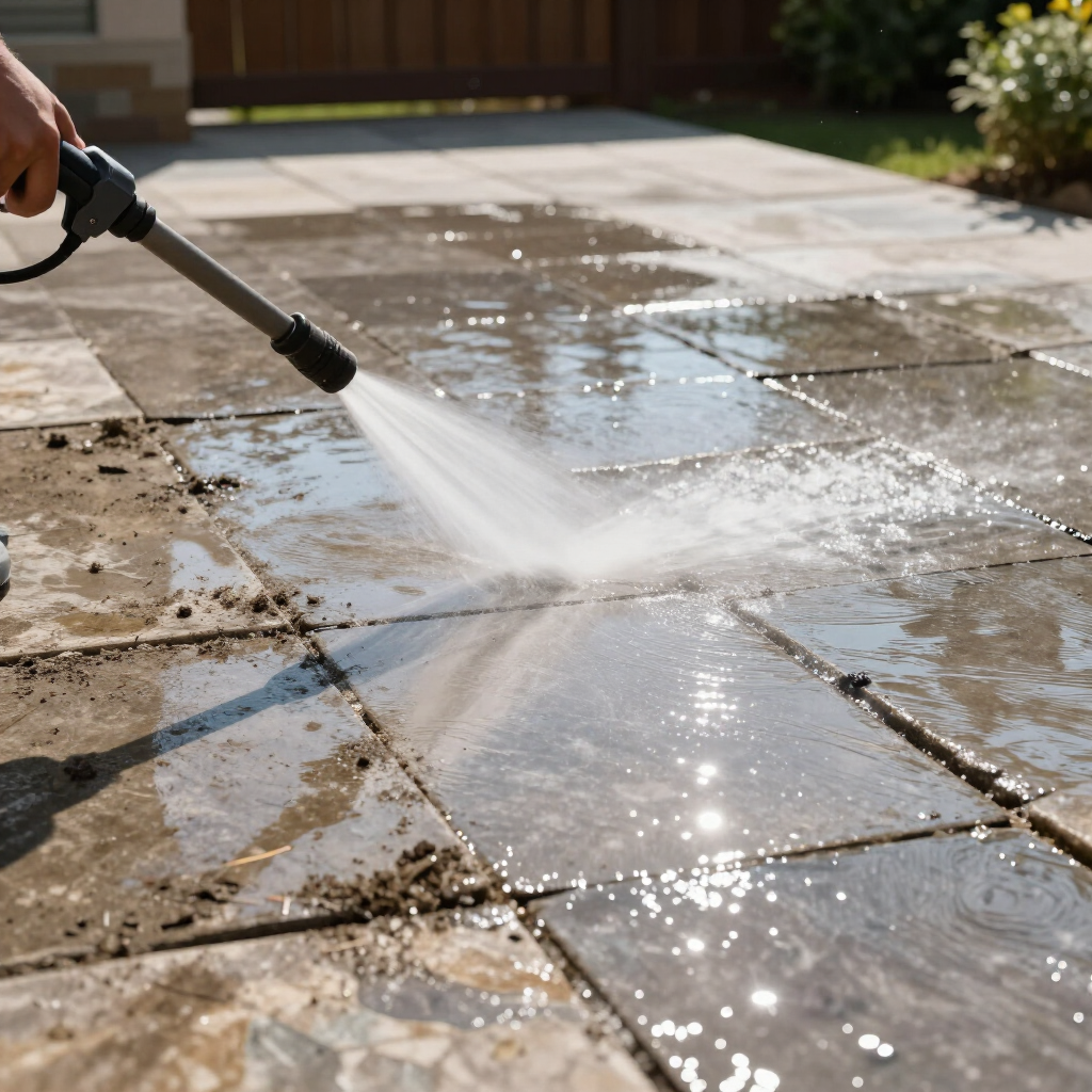 A pressure washer nozzle sprays water onto outdoor stone patio tiles, cleaning away dirt.