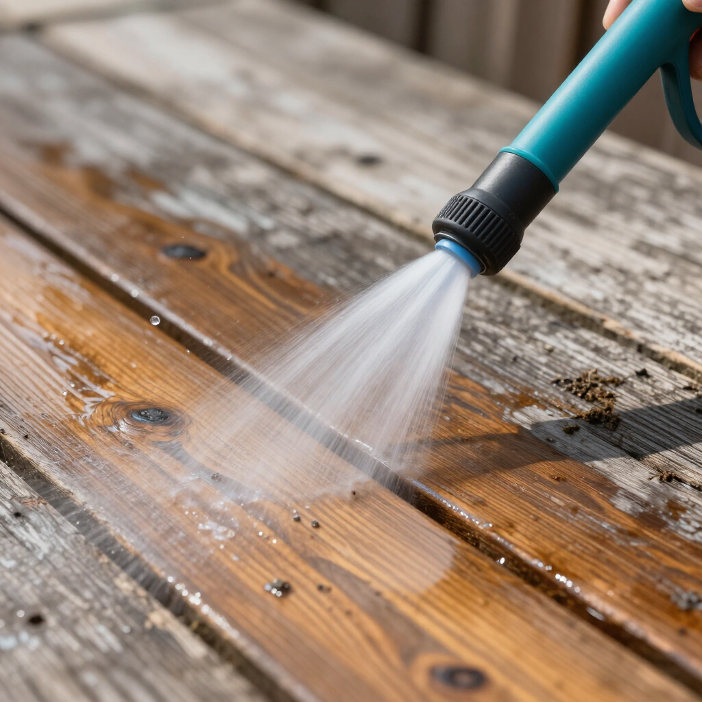 A teal hose nozzle sprays water onto weathered wooden planks, cleaning them.