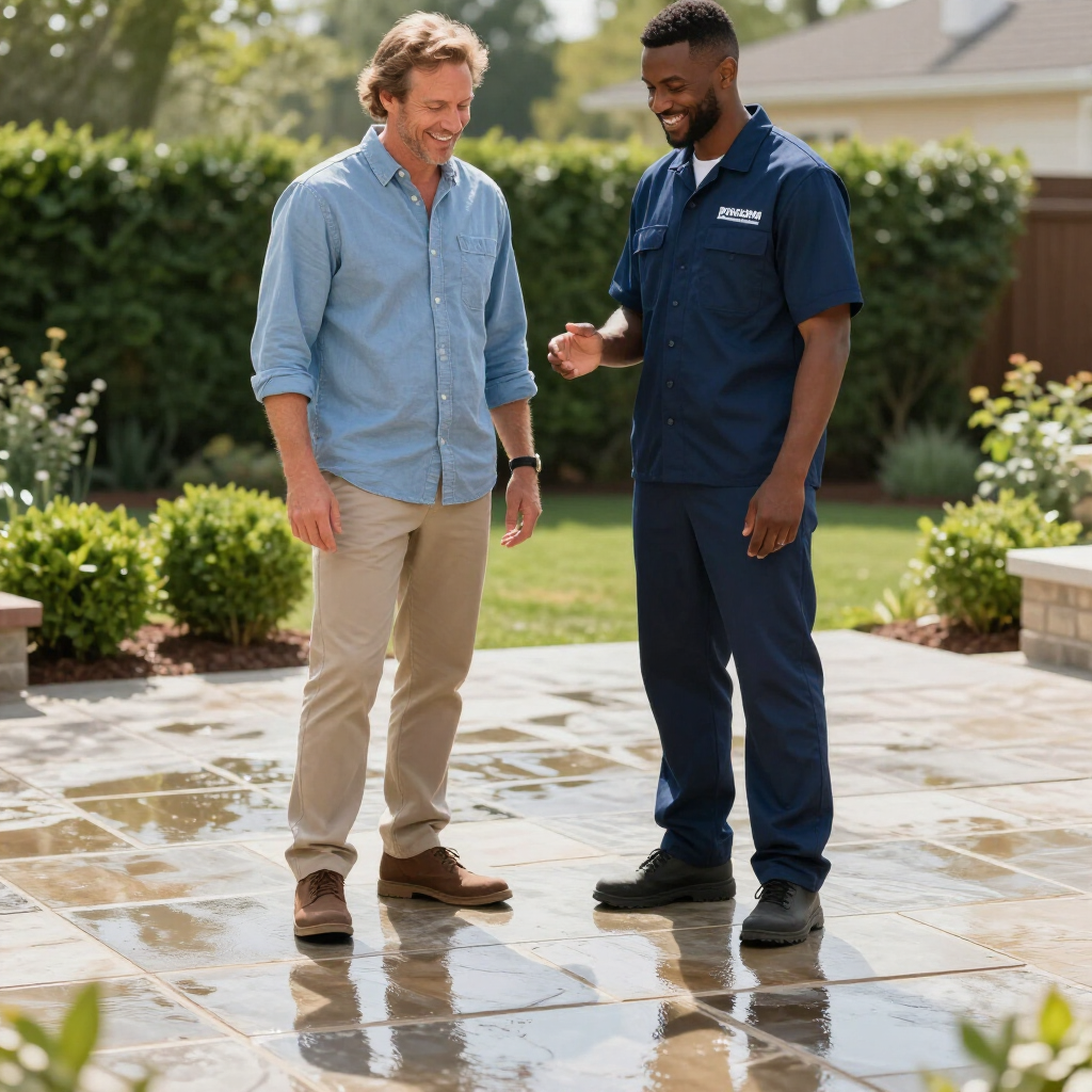 Two people in casual and professional attire standing on a stone patio in a yard, talking and smiling.