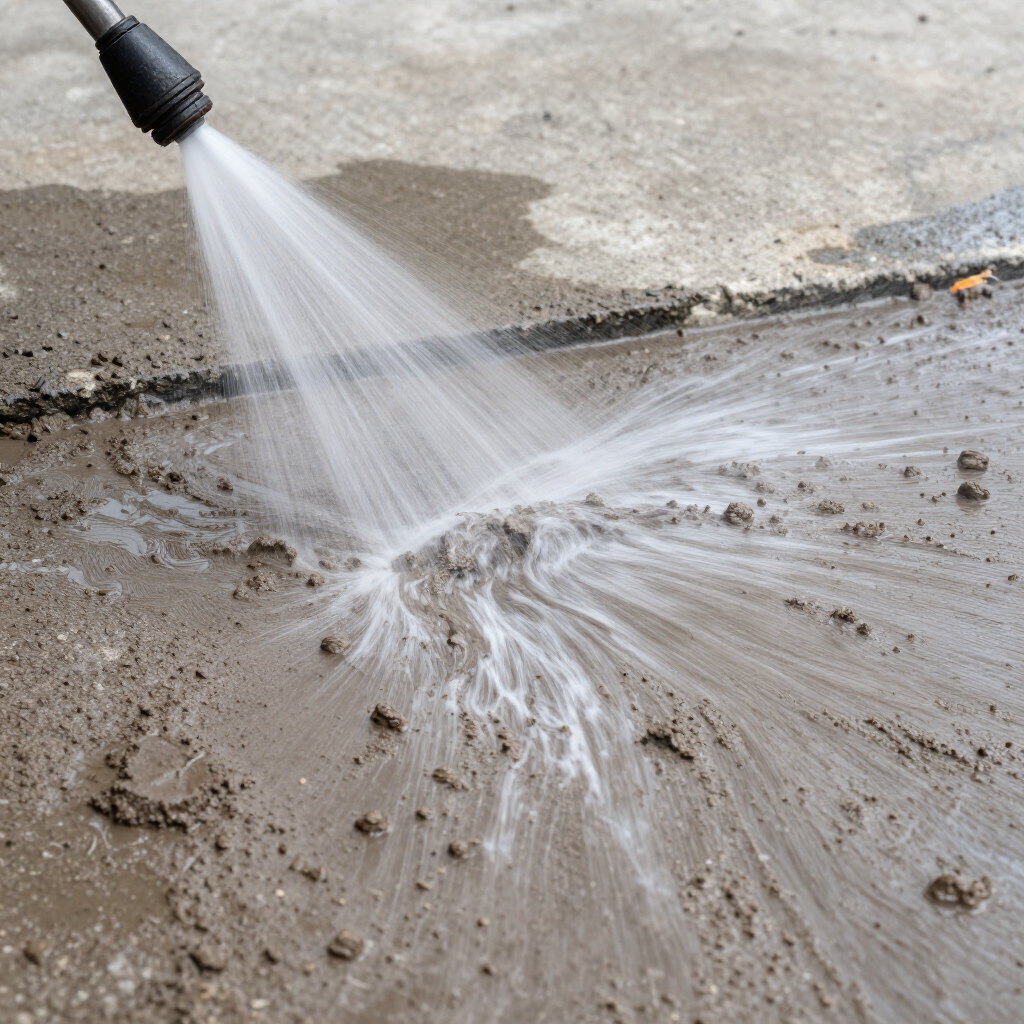 A power washer nozzle sprays water onto a muddy concrete surface, cleaning away dirt.
