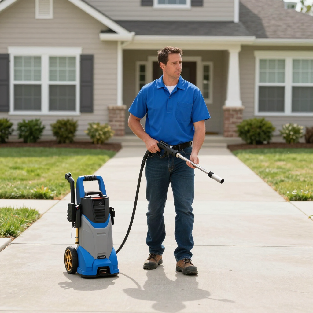 A person in a blue polo shirt holding a pressure washer wand on a residential driveway in front of a house.