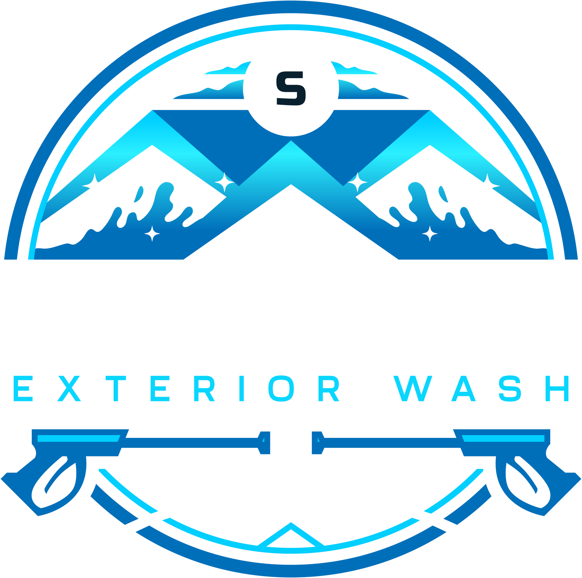 A blue circular logo featuring a house roof, splashing water, and a pressure washer wand, labeled 