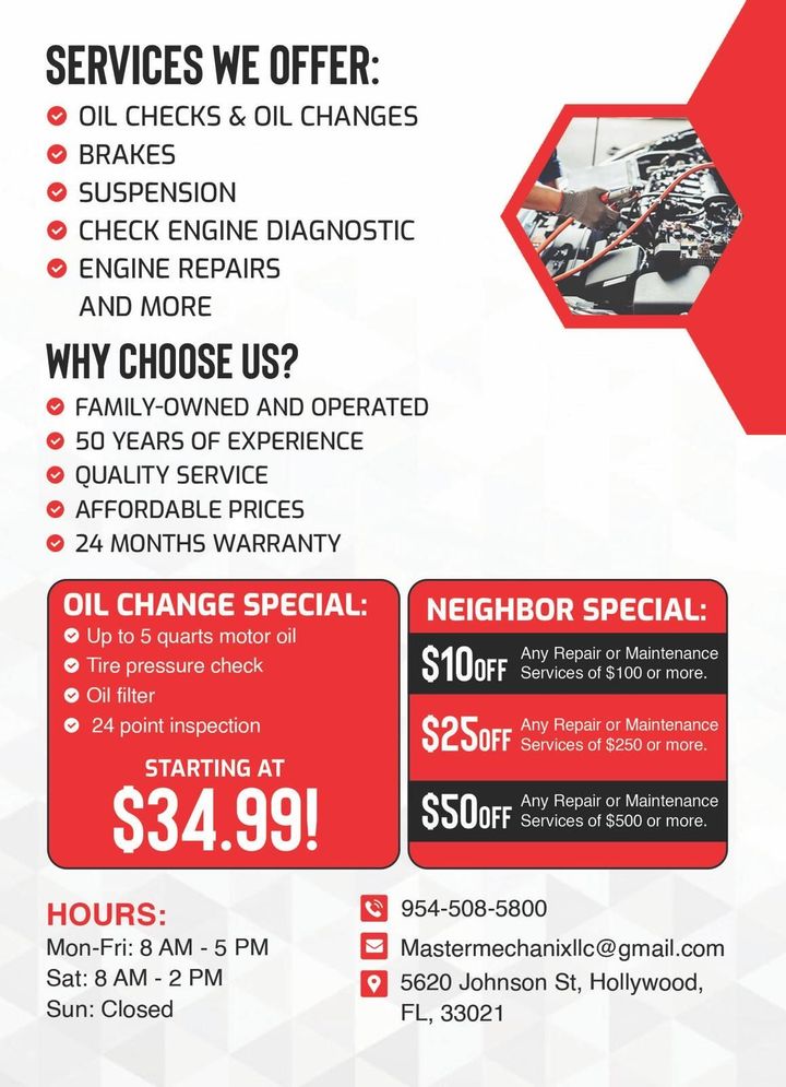 A flyer for a mechanic 's shop offers oil checks and oil changes