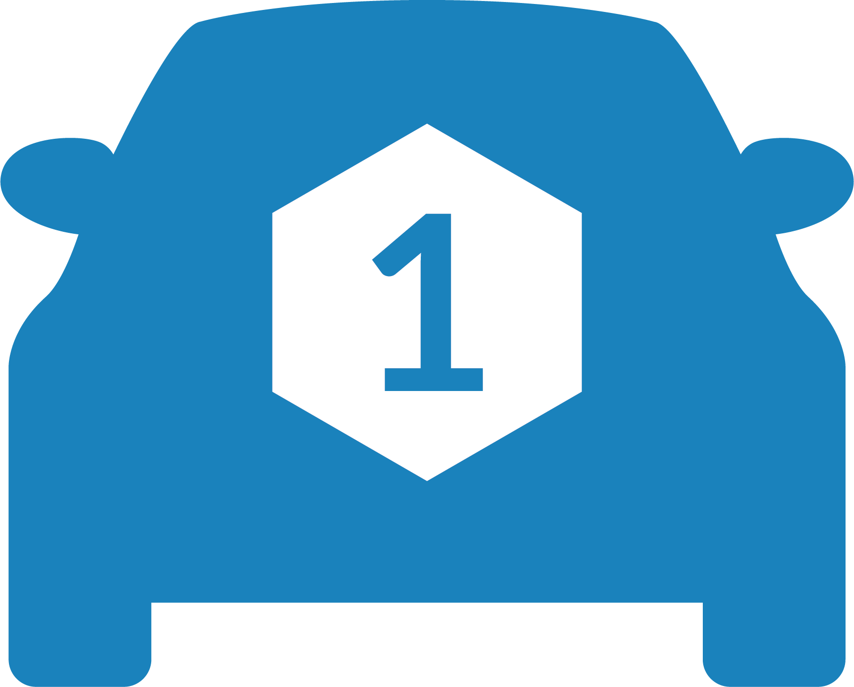 A blue car with a white hexagon with the number 1 on it.