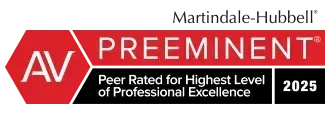 A red and black logo that says av preeminent peer rated for highest level of professional excellence
