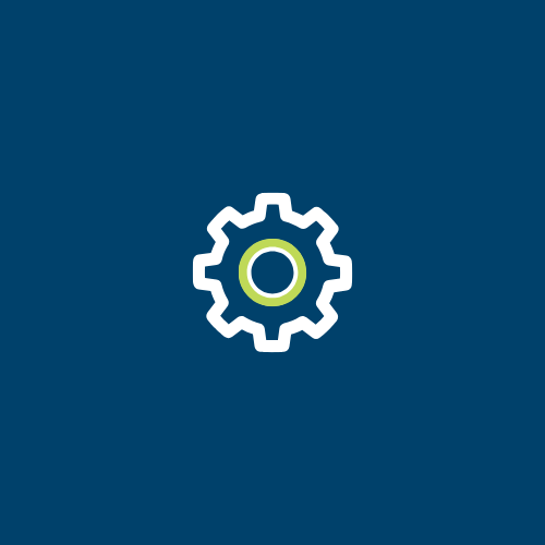 A white gear with a green circle in the middle on a blue background.