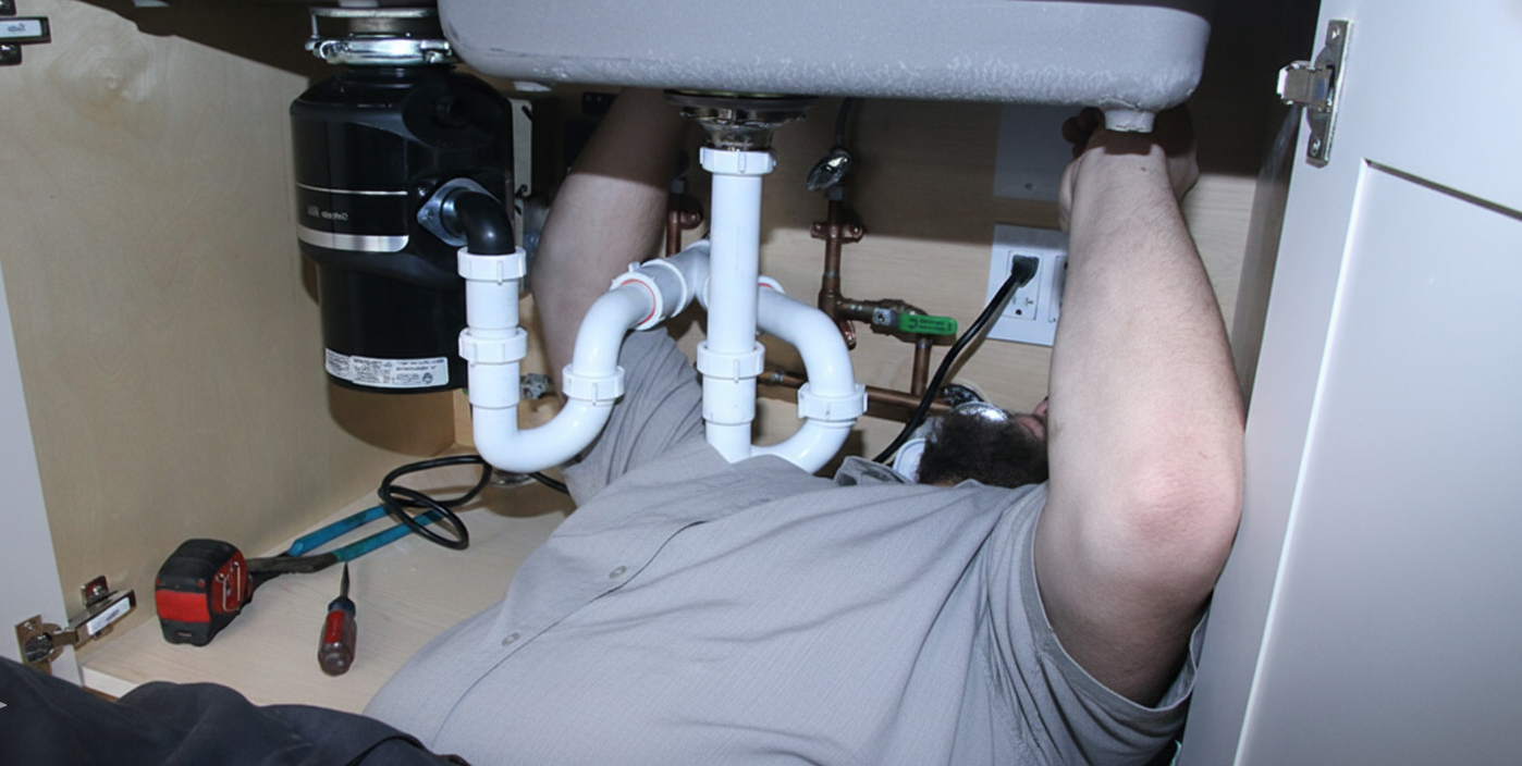 A person is working under a kitchen sink. The person is fixing the plumbing.