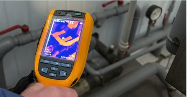 Hand holding a yellow thermal imaging camera pointed at blue pipes.