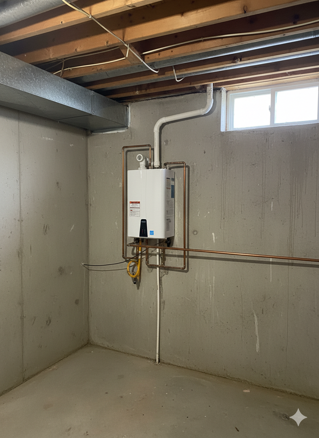 Tankless water heater mounted on a concrete wall in a basement, with copper pipes and a small window.