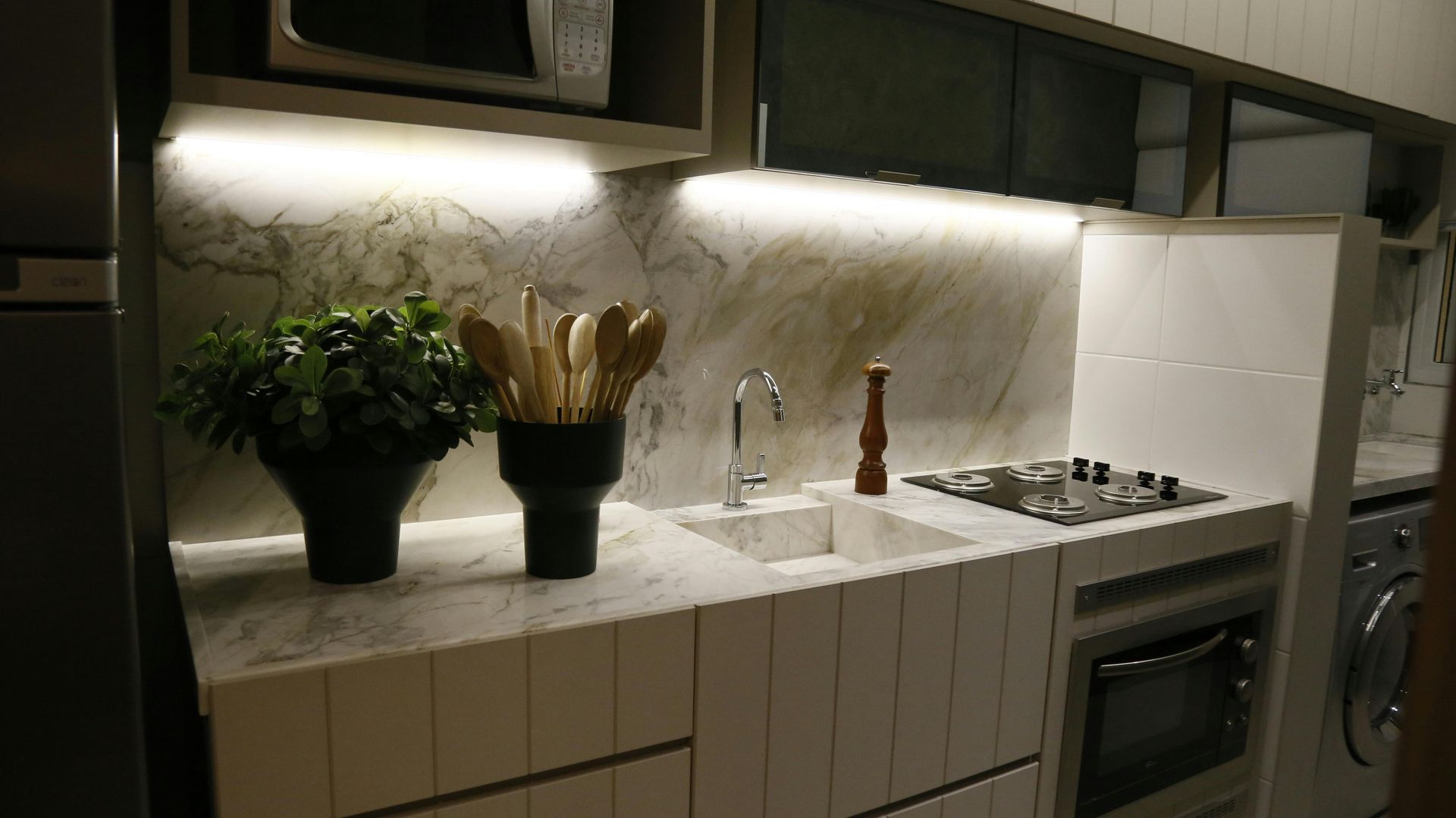 Small, modern kitchen with marble backsplash, under-cabinet lighting, and built-in appliances.