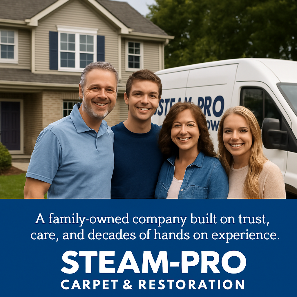 Family smiling in front of a house and Steam-Pro van. Text promotes the carpet and restoration business as family-owned.