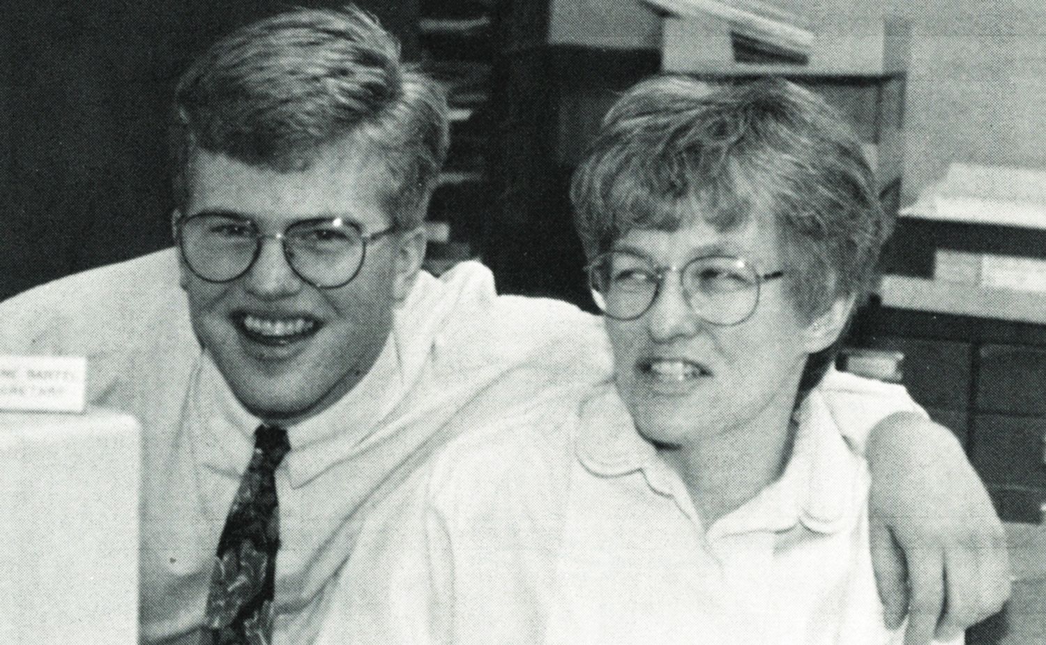 Elaine Bartel (staff member) making a face at her son (student)