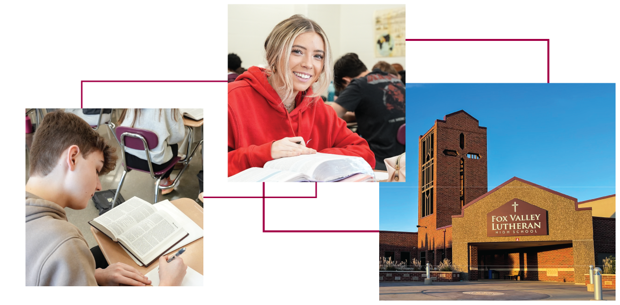 Three photos - boy with Bible open, writing, girl with Bible open, smiling at the camera, tower entrance of FVL