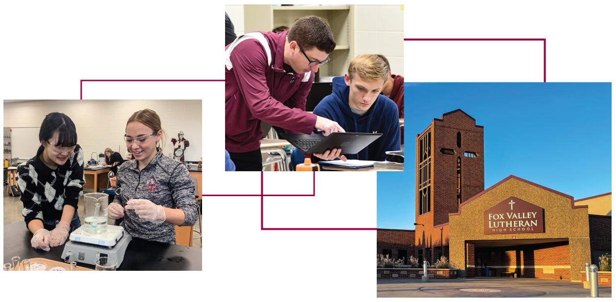 Three photos - two girls in science lab, teacher helping student, tower entrance of FVL