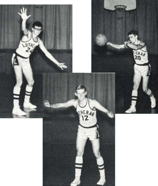 Three photos of FVL boys basketball team  members in poses for yearbook pictures