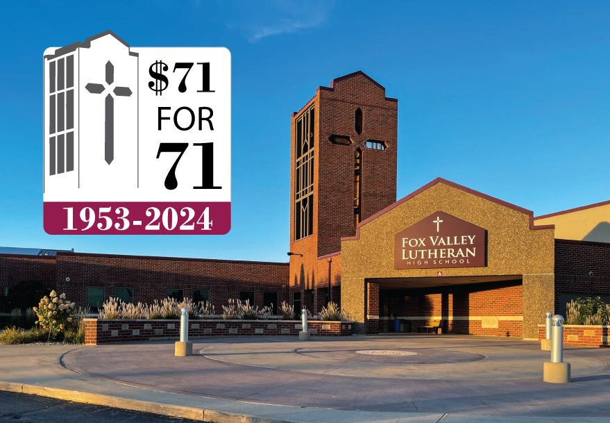 Photo of the tower entrance bathed in the golden glow of sunset with a graphic for $71 for 71 placed at the top left.