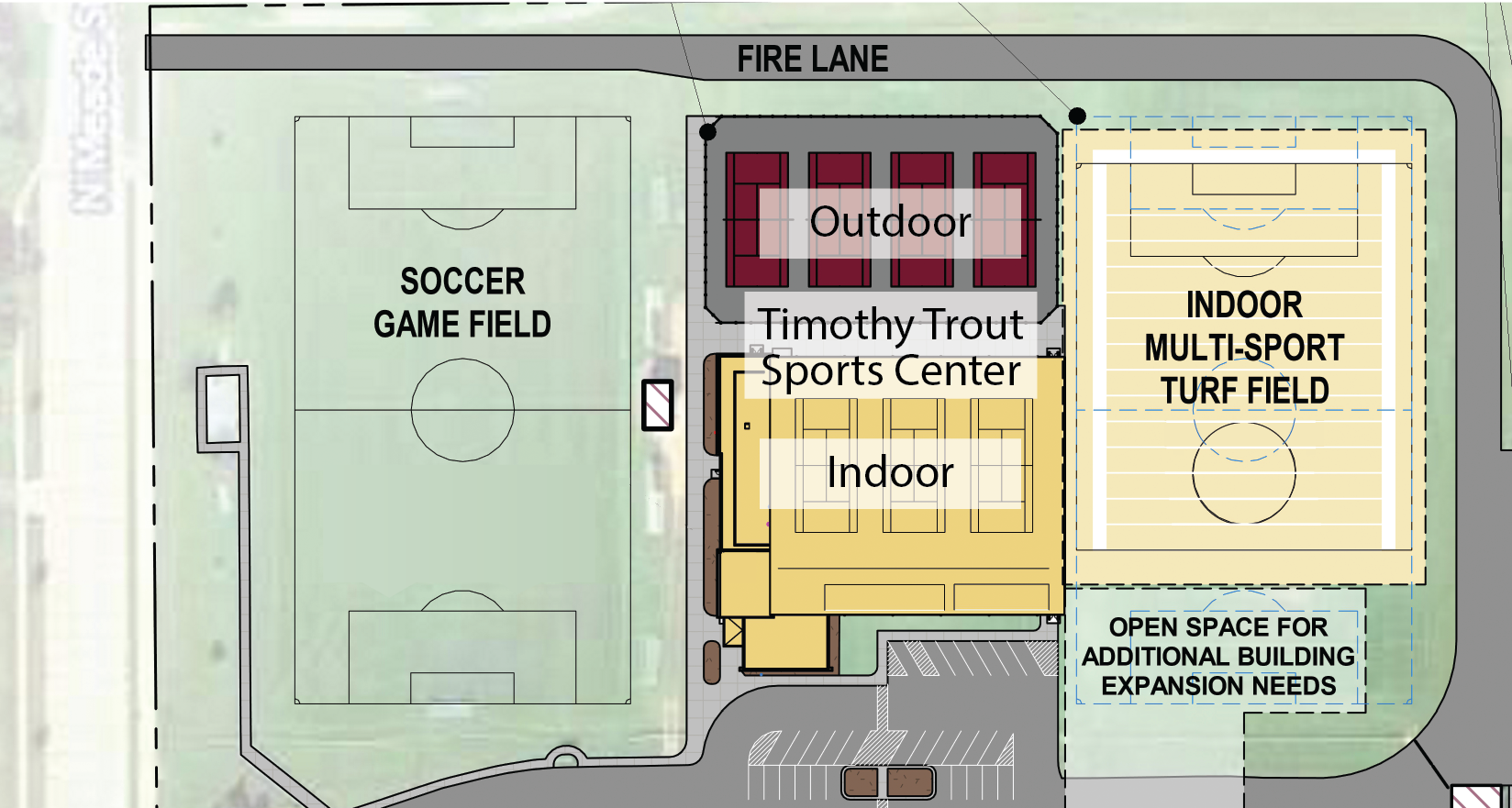 North western section of the site plan, showing the Timothy Trout Sports Center and the indoor multi-sport turf field