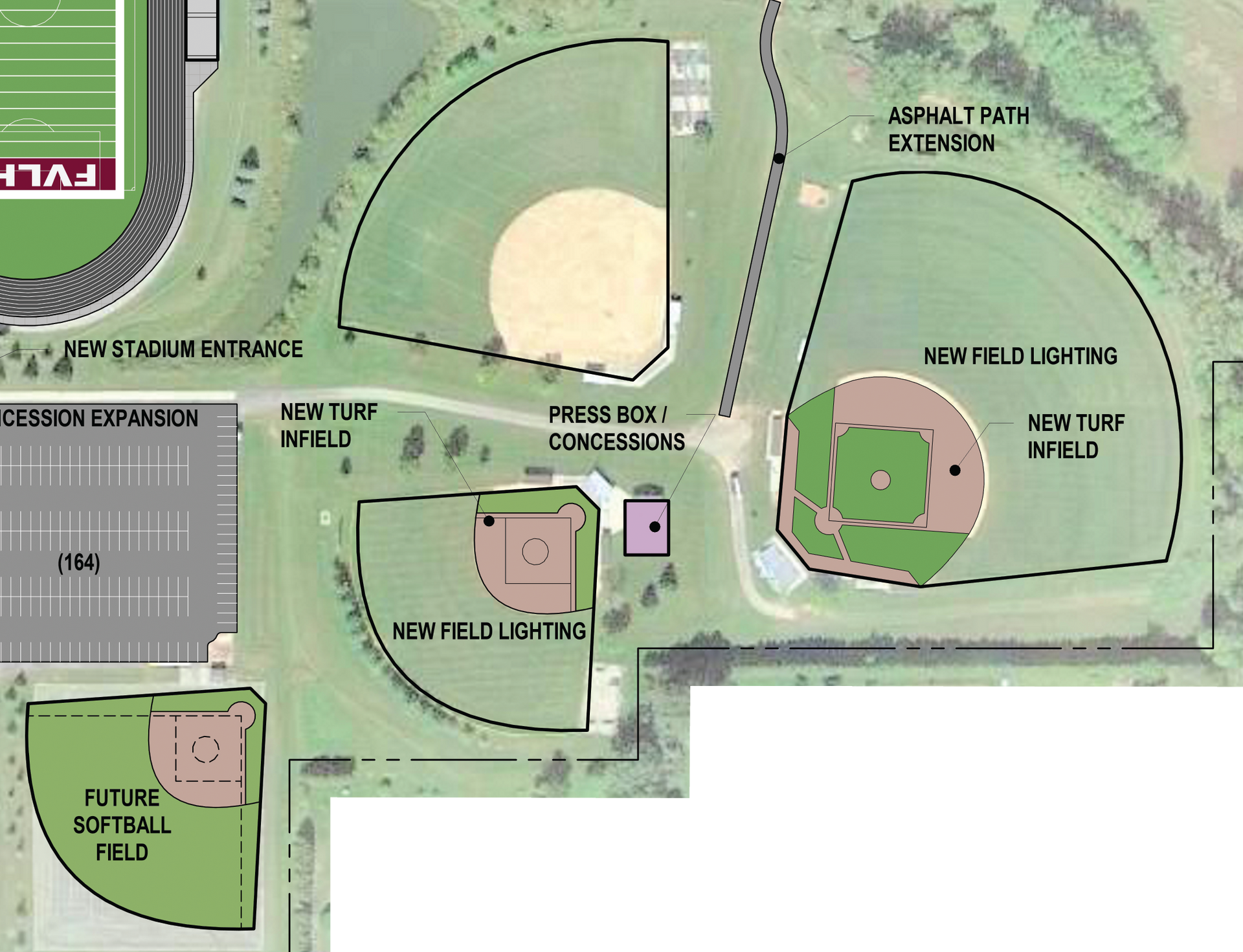 Expanded view of the baseball and softball fields