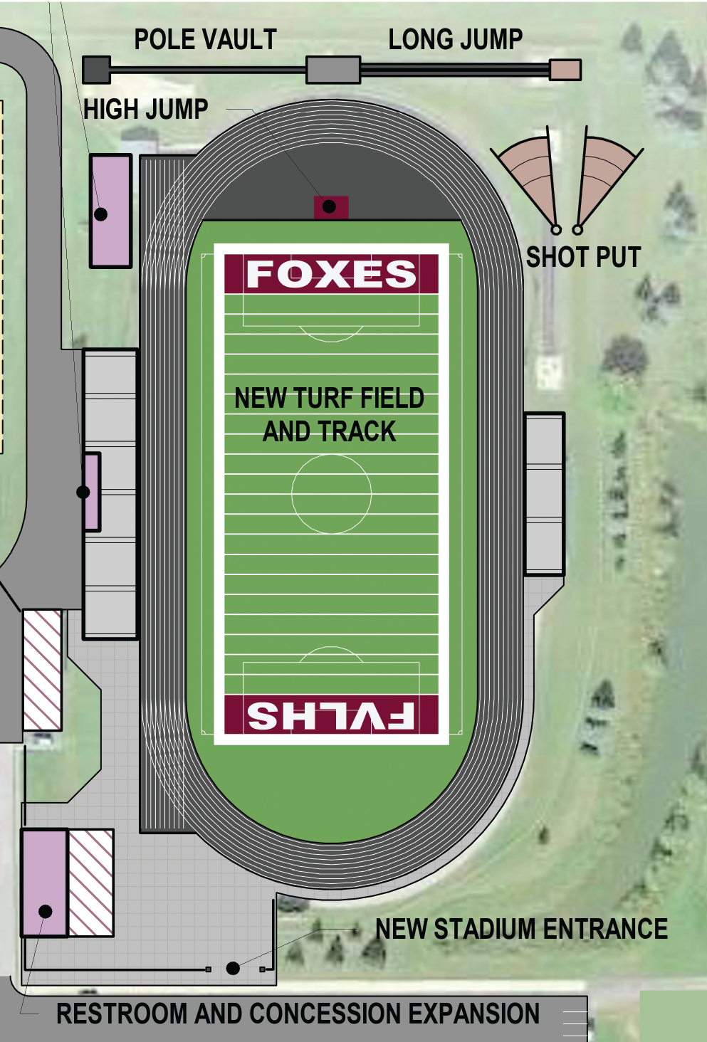 Close up of the football field, showing expansion areas